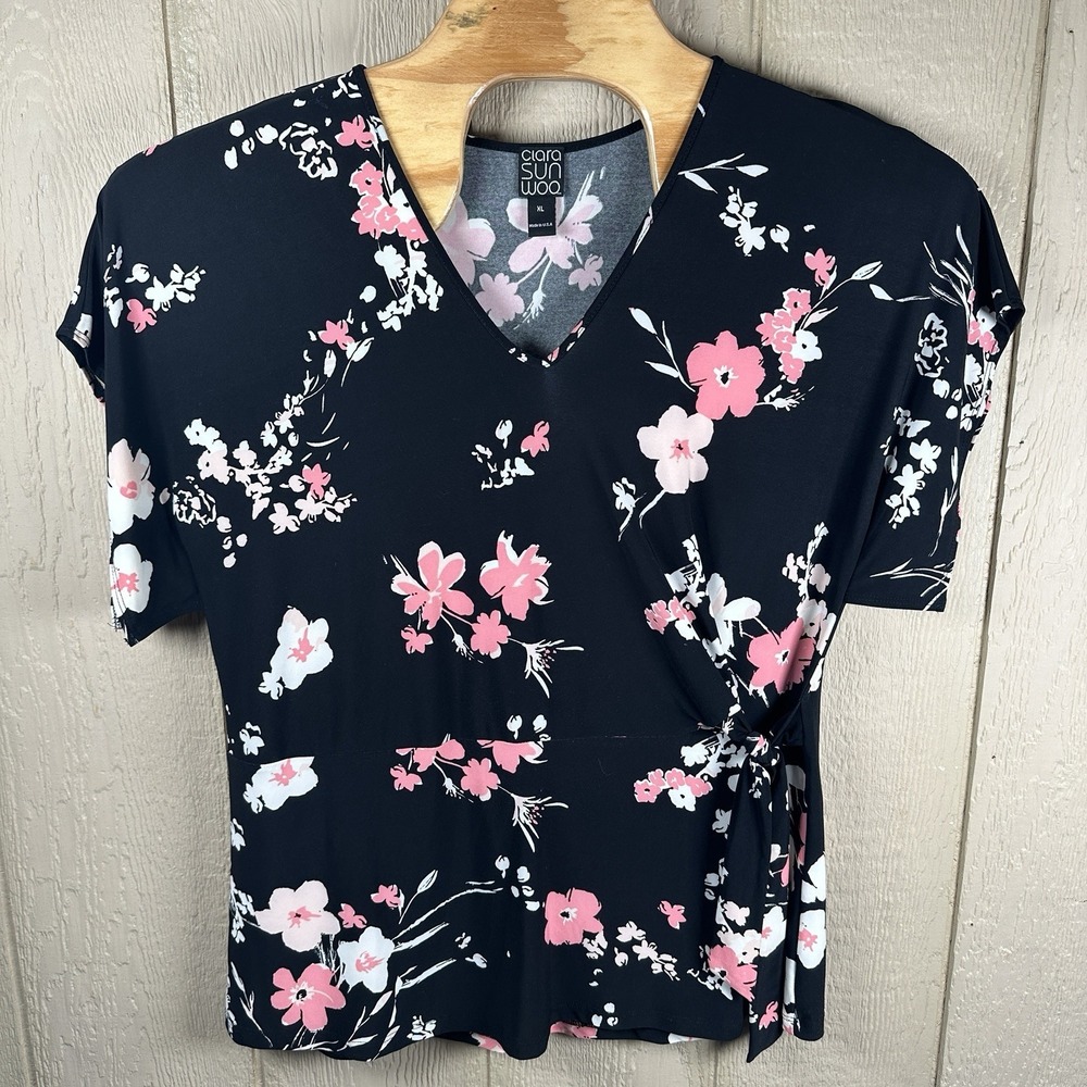 Clara Sun Woo Tunic Blouse V Neck Black Pink Floral Stretch Sz XL Side Tie Front